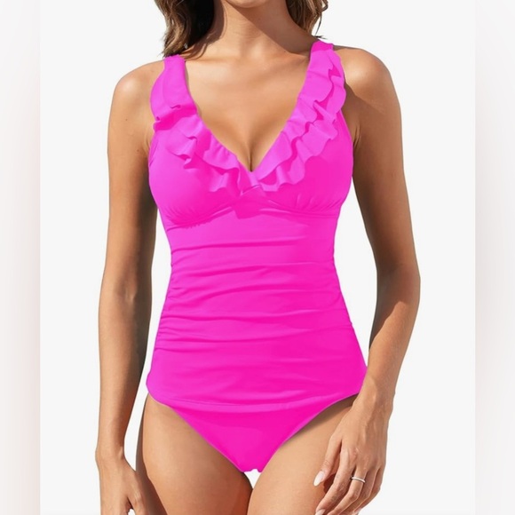 NEW- 2025 Ruffle Flounce Tummy Control 
Bathing Suits V Neck Swimwear - Picture 3 of 5